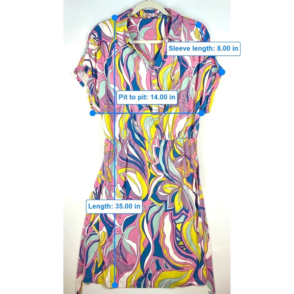 Equal Shirt Dress Pink Blue Yellow Abstract Print Tie Waist Maximalist Sz L - Picture 7 of 13